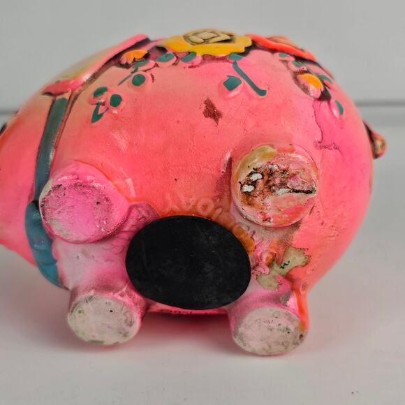 VTG 1968 hot pink elephant bank Japan floral Holiday Fair - Picture 5 of 9